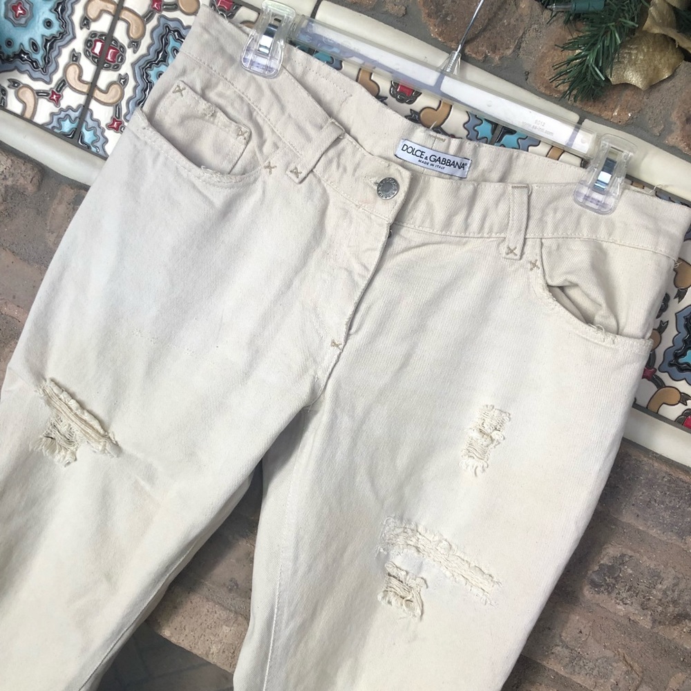DOLCE & GABBANA Distressed Cream Boyfriend Jeans
